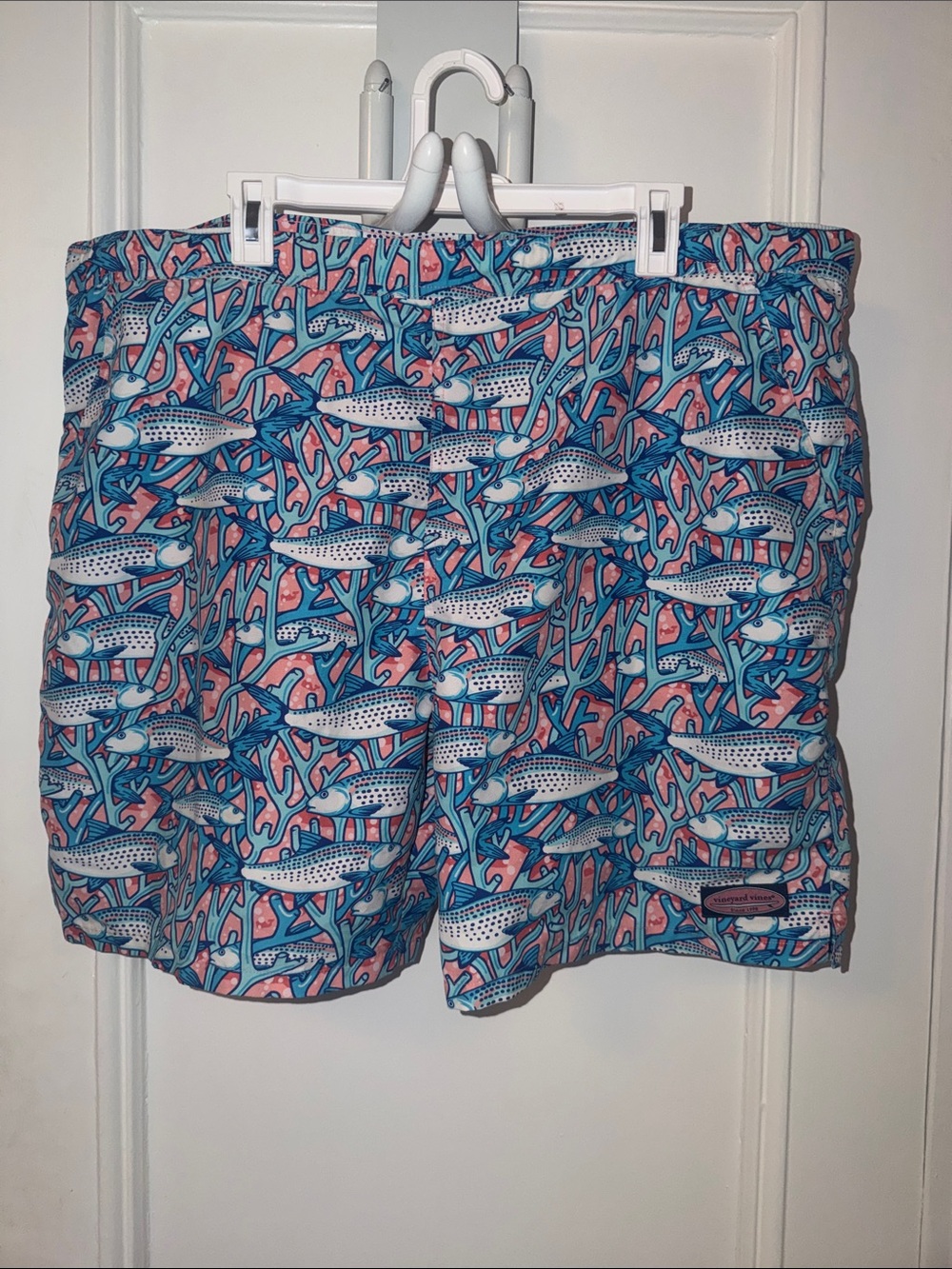Vineyard Vines Blue and Coral Fiah Swim Trunks